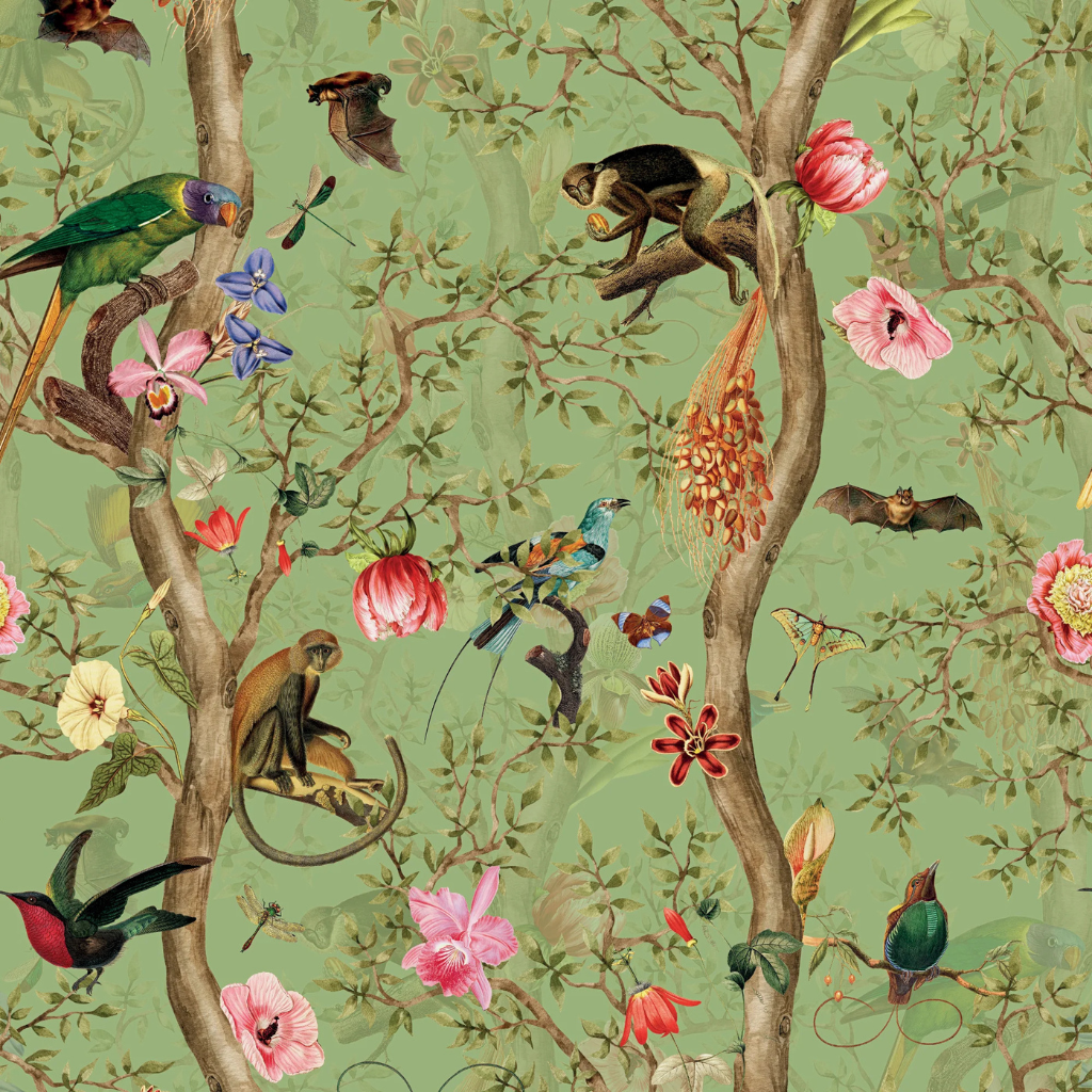 Treetop Haven green monkey wallpaper, perfect for nature-inspired interiors
