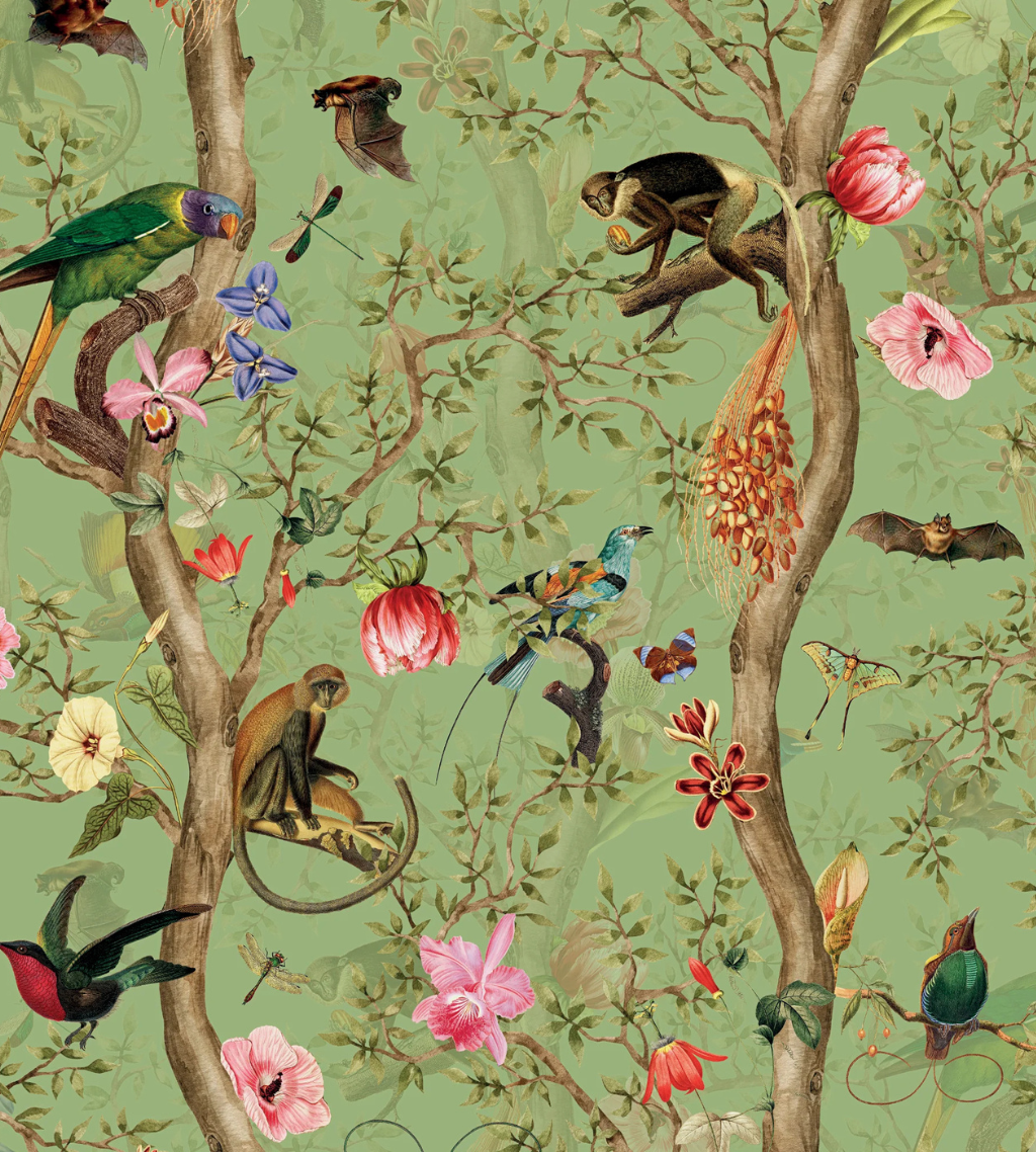 Treetop Haven green monkey wallpaper, perfect for nature-inspired interiors