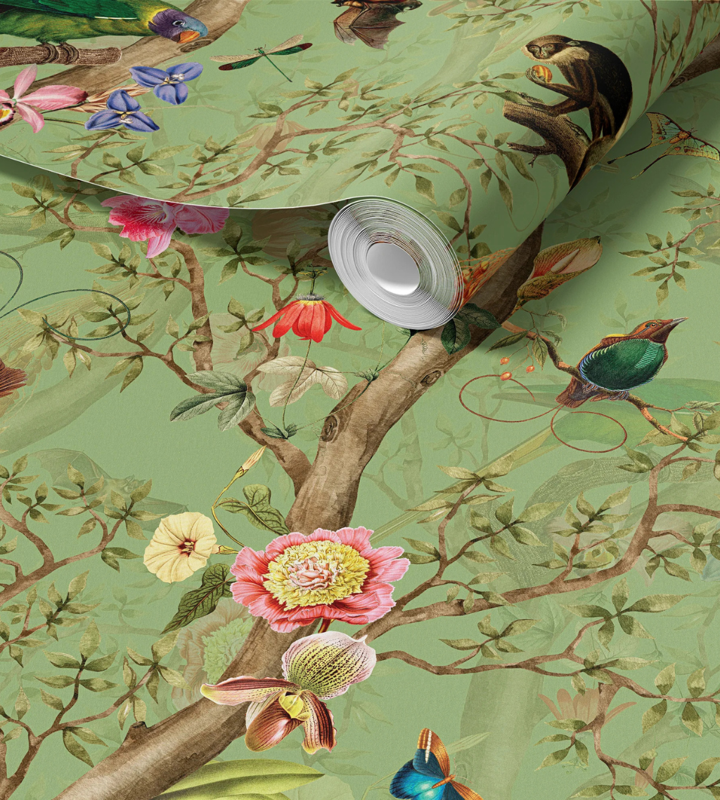 Treetop Monkeys Green maximalist wallpaper