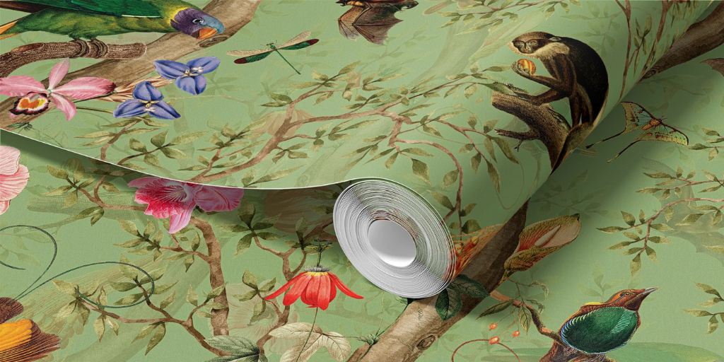 Treetop Monkeys Green maximalist wallpaper