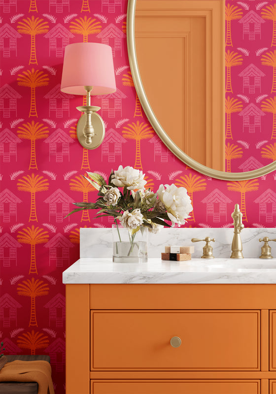 Tropical Huts Wallpaper in Pink by Jenna Hang