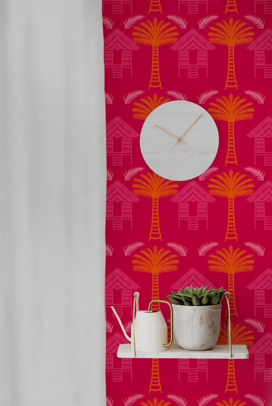 Tropical Huts Wallpaper in Pink by Jenna Hang