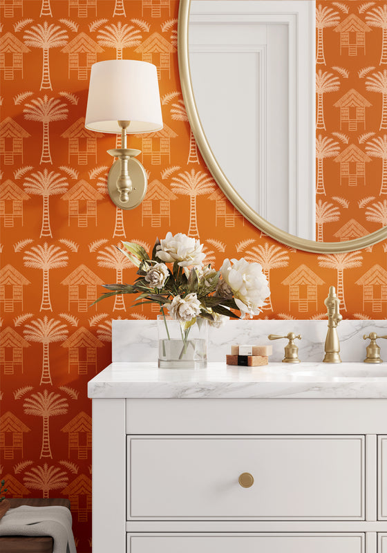 Tropical Huts Wallpaper in Orange by Jenna Hang