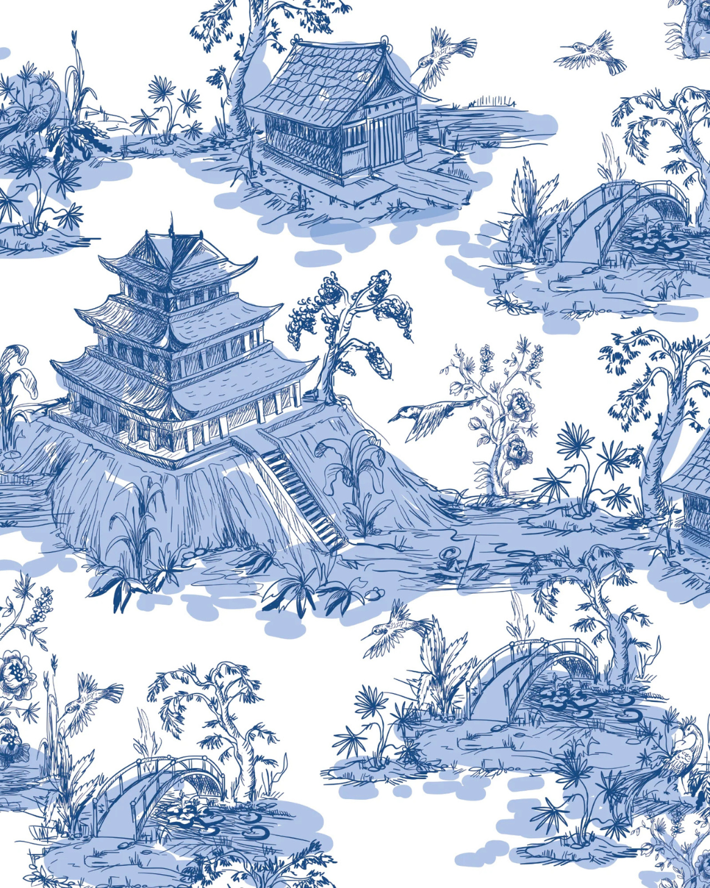 Versailles Cerulean chinoiserie wallpaper print with pagodas and herons by Funky Paper Co