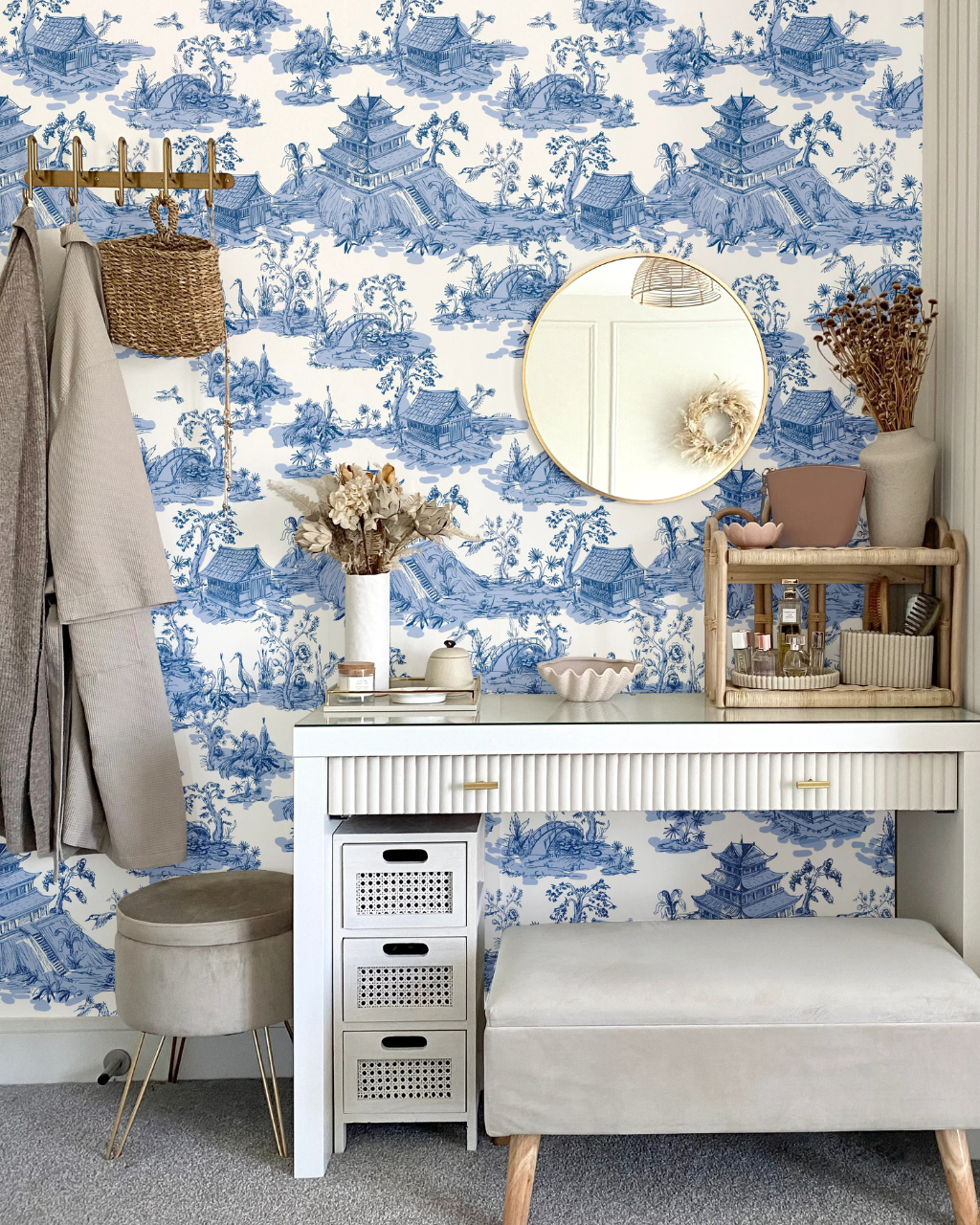 Versailles Cerulean blue and white chinoiserie wallpaper in a vanity room by Funky Paper Co
