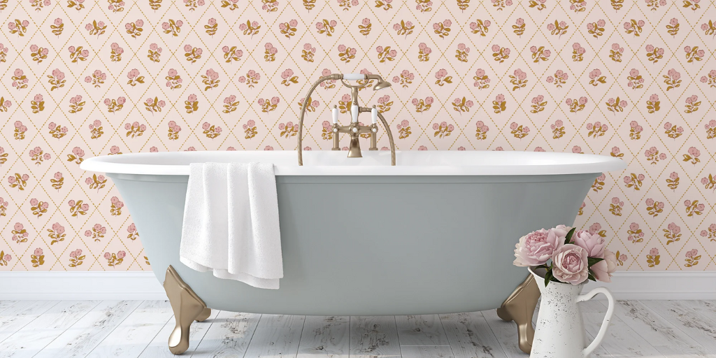 Bathroom with Vintage Coquette Pink Peel and Stick Wallpaper
