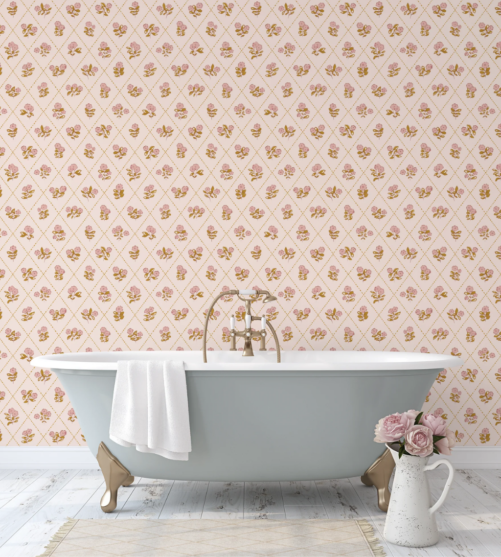 Bathroom with Vintage Coquette Pink Peel and Stick Wallpaper