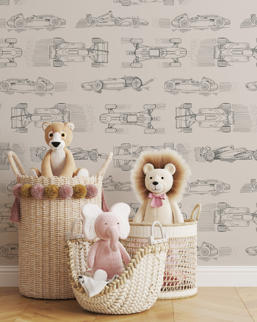 Vintage Race Cars black and white peel and stick wallpaper in kids room by Funky Paper Co