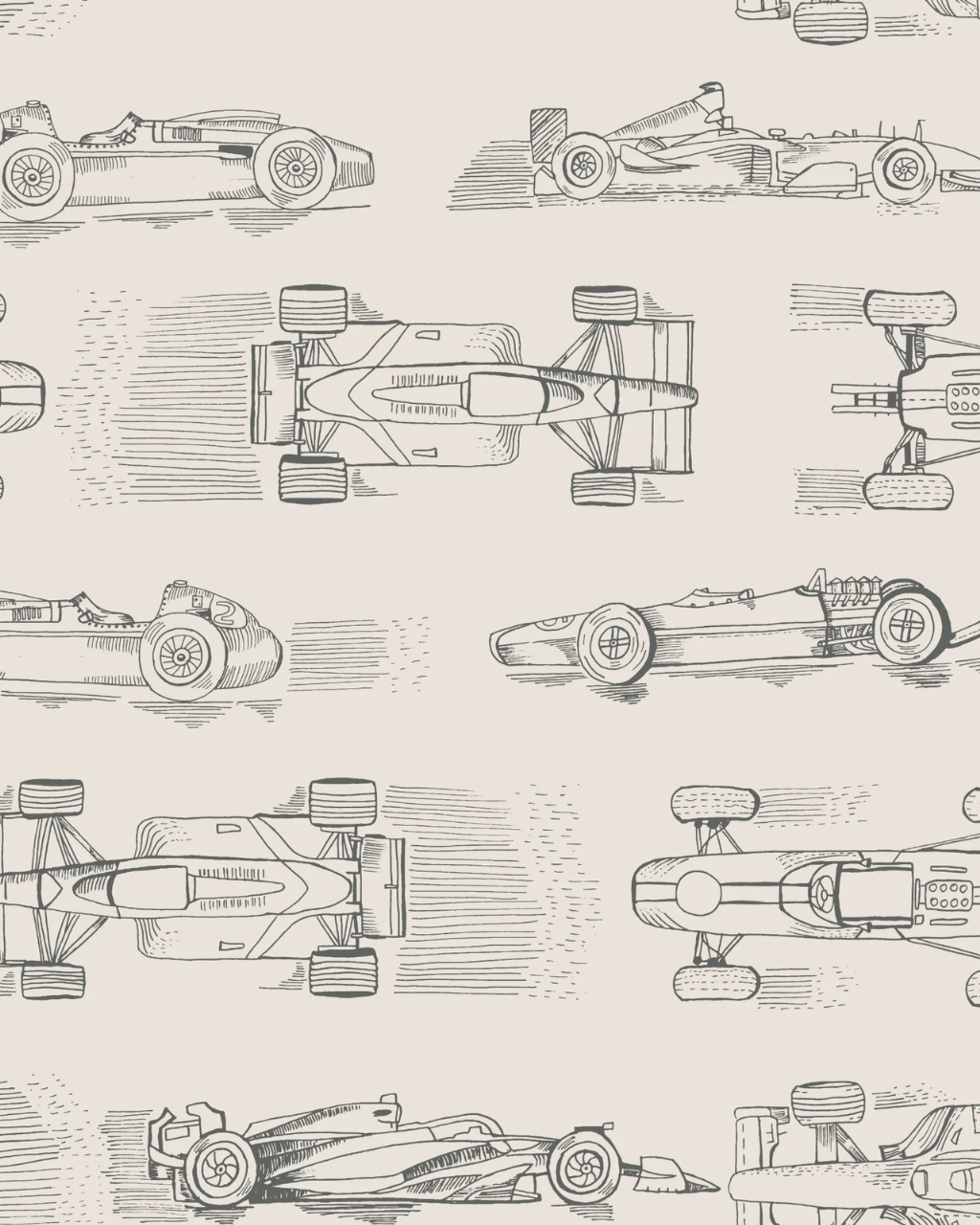 Vintage Race Cars black and white peel and stick wallpaper in kids room by Funky Paper Co