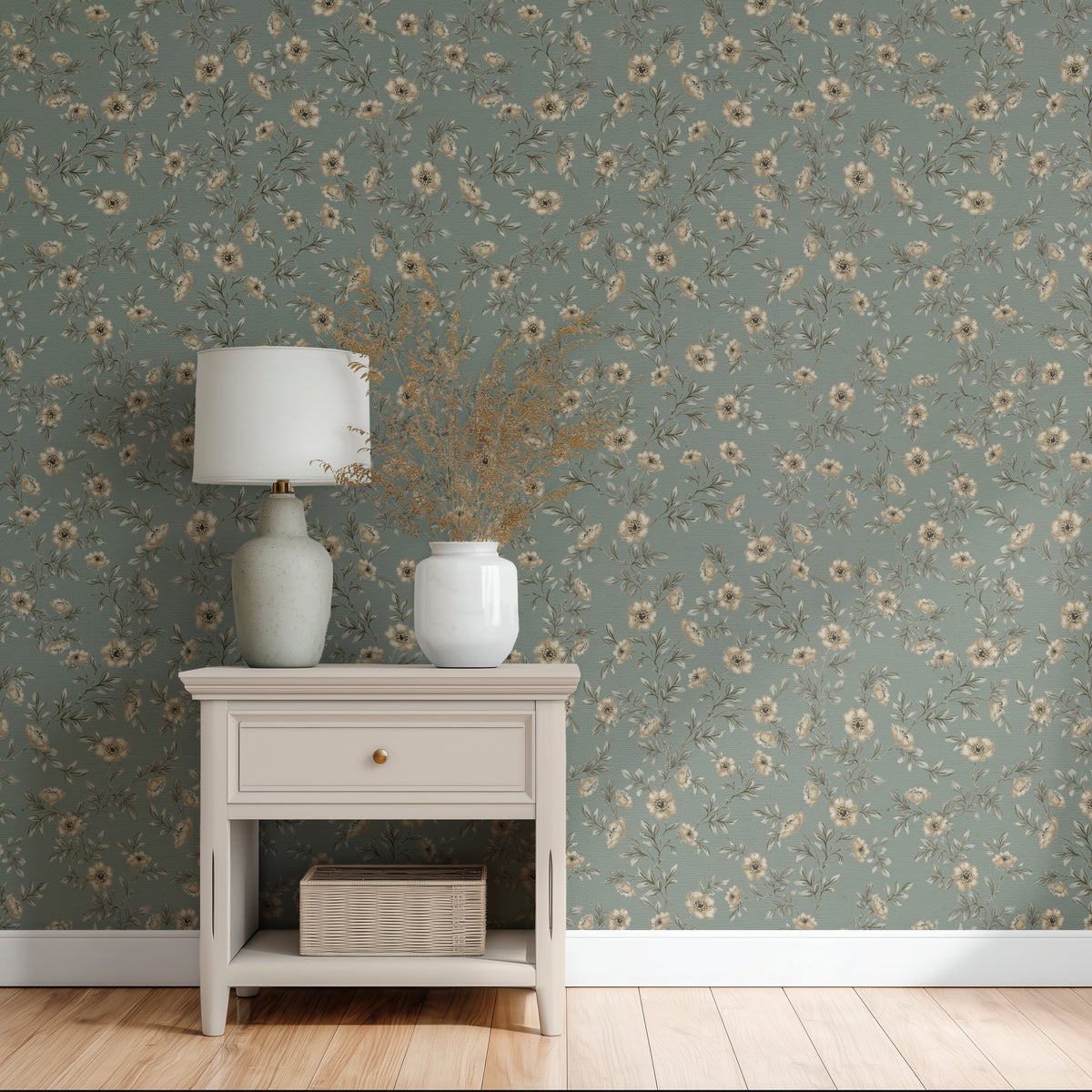 Vintage Rose Vines - Teal Blue