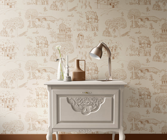 The Palace Gardens Wallpaper in Golden Brown X Quirky Paisley Design