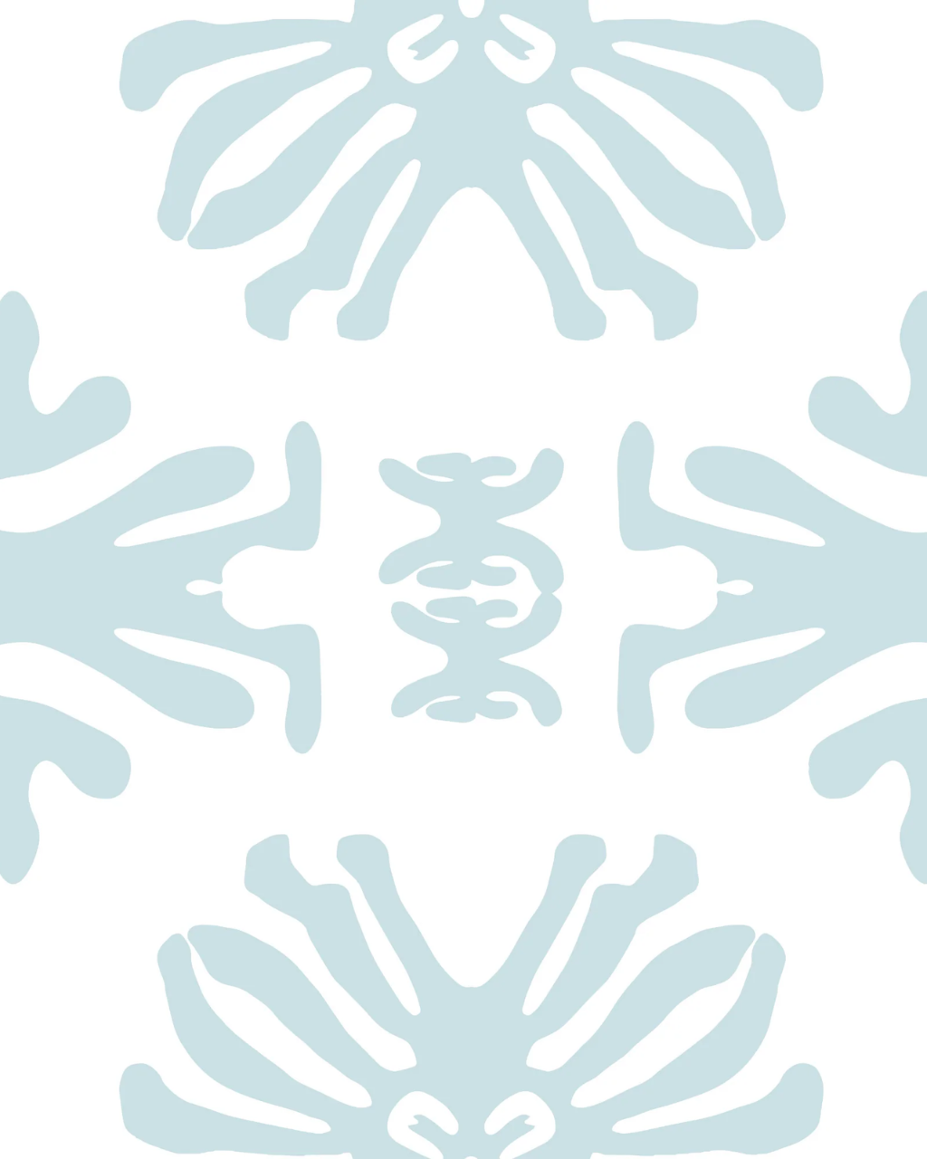A repeating Bali pattern of powder blue abstract floral or fan-like motifs on a white background.