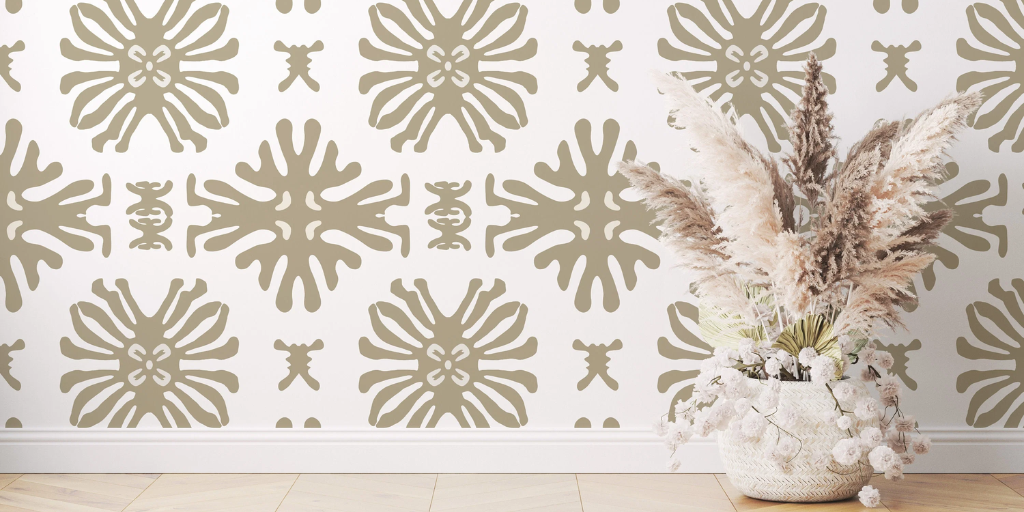 A hallway with a potted plant features a Bali wallpaper with an abstract floral pattern on a white background