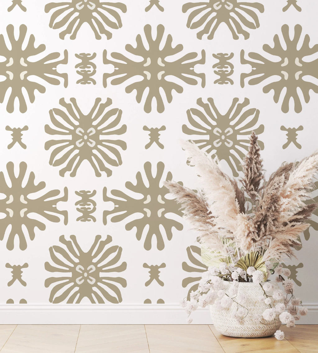 A hallway with a potted plant features a Bali wallpaper with an abstract floral pattern on a white background