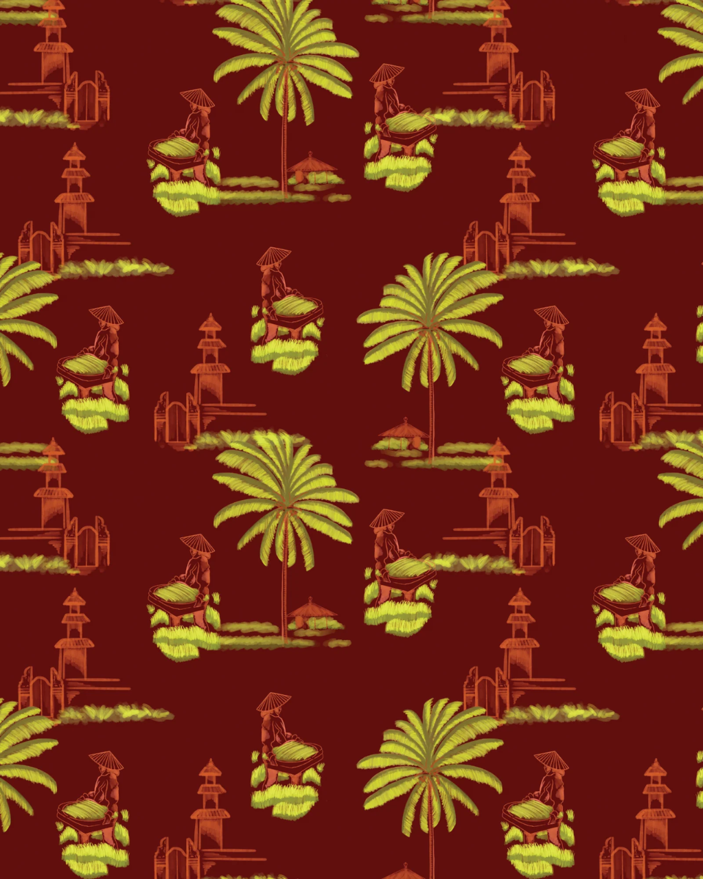 A repeating tropical Bali Rice Fields pattern on a deep red background, featuring yellow-green palm trees and small figures in traditional clothing with brown pagoda-like structures.