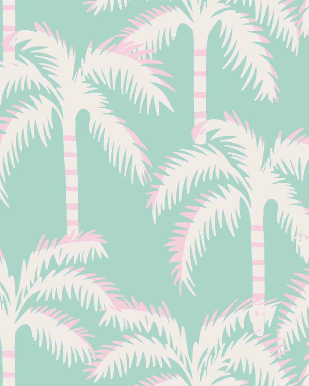 A repeating tropical pattern of Balmy Palms palm trees on a mint green background, with the trunks and fronds outlined in light pink and the rest of the foliage in a warm off-white/cream.