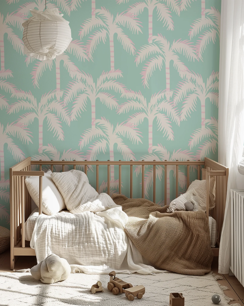 A styled children's bedroom featuring a light wood crib with white and beige bedding, set against a mint green Balmy Palms wallpaper with a pink palm tree pattern. A white paper lantern hangs from the ceiling, and wooden toys are scattered on the white rug on the floor.