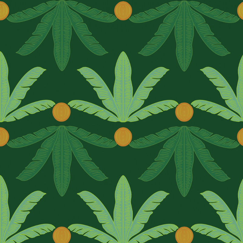 Banana Plants in Green, a tropical leaf wallpaper on a deep green background by Funky Paper Co