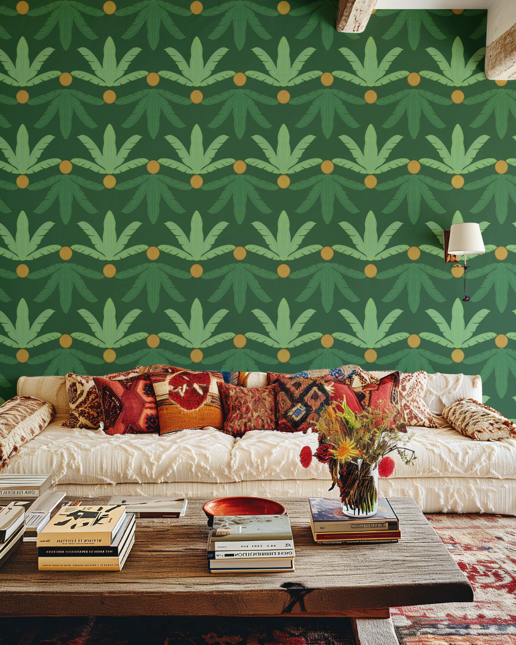 A styled living room featuring a bold green Banana Plant wallpaper with a repeating palm leaf and gold circle pattern on the wall behind a cream sofa with patterned pillows.