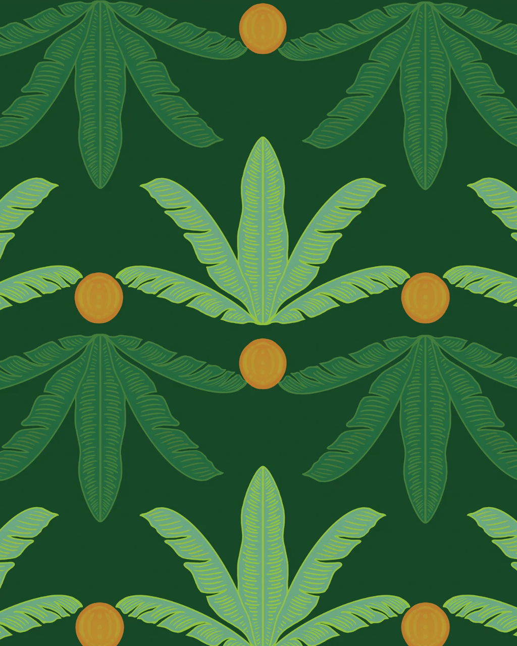 A repeating tropical Banana Plants pattern featuring green palm leaves and small round orange fruits on a dark green background.