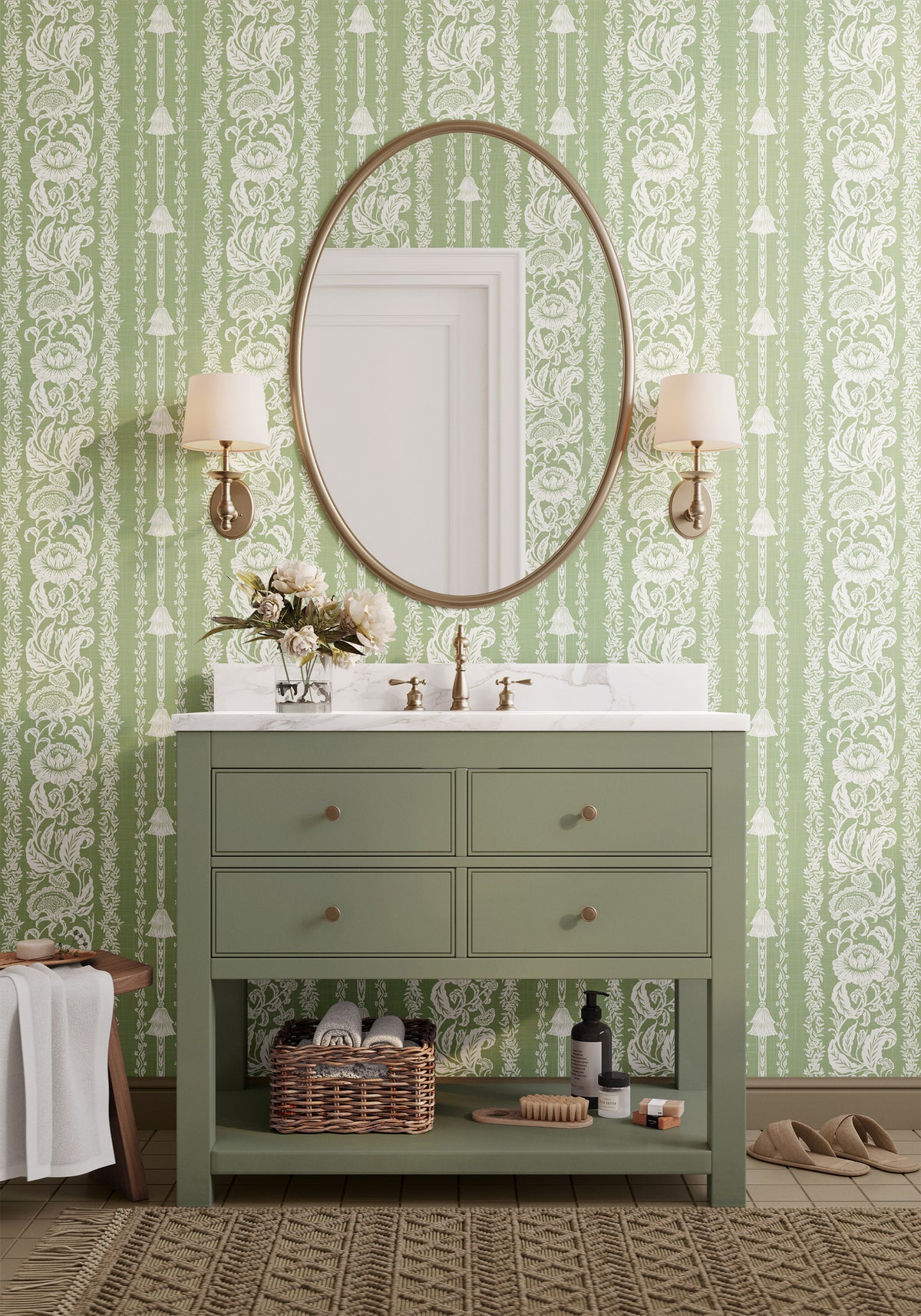 Oriental Floral Stripe - Sage Green