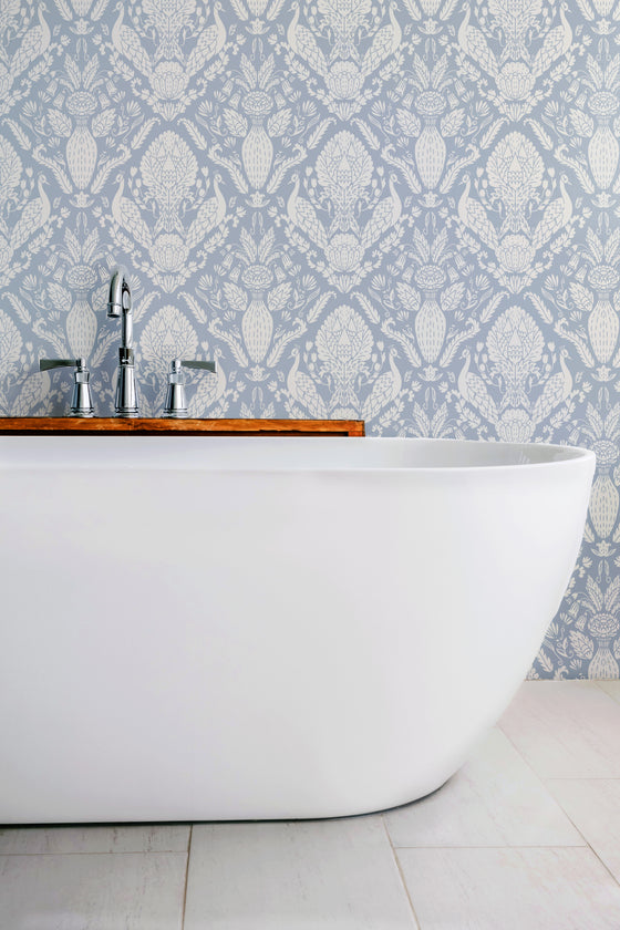 Peacock Damask Wallpaper in Blue X Quirky Paisley Design