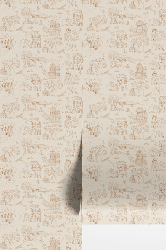 The Palace Gardens Wallpaper in Golden Brown X Quirky Paisley Design