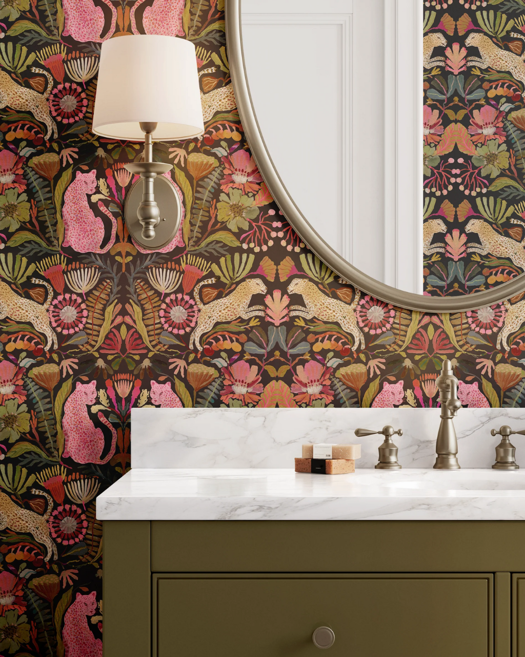 Powder room styled with Black Cats wallpaper by Subhashini Narayanan, showing vibrant pink jungle cats and lush tropical leaves on a black backdrop | Best selling peel and stick wallpaper by Funky Paper Co