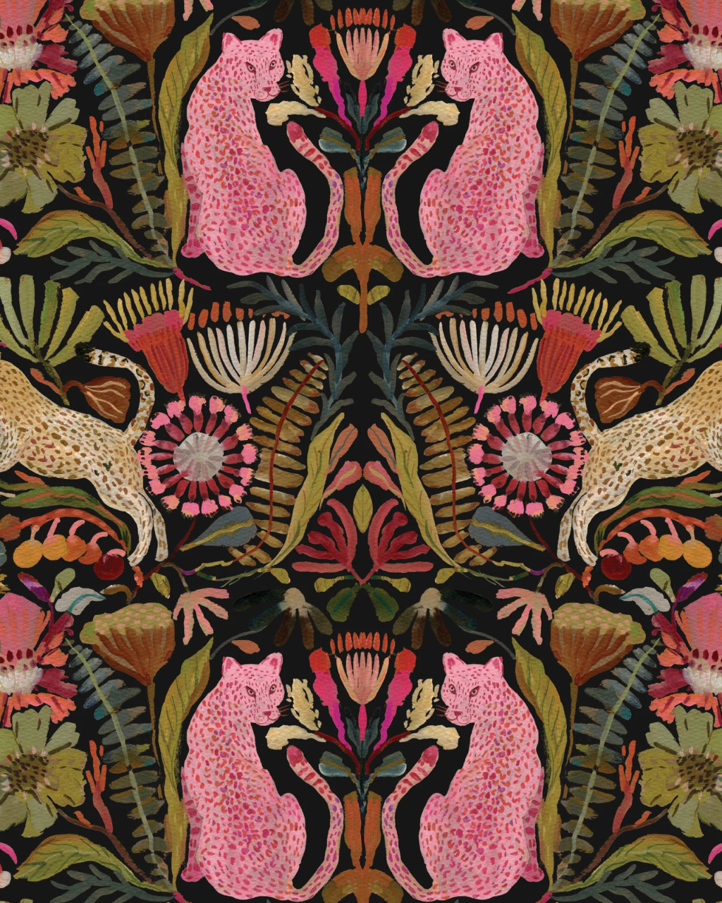 Close-up of Black Cats wallpaper by Subhashini Narayanan featuring neon pink jungle cats and tropical foliage against a black background | Peel and stick wallpaper by Funky Paper Co
