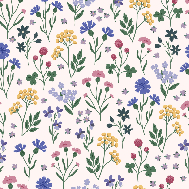 Bloomington floral nursery wallpaper by Funky Paper Co with rainbow blooms on a soft blush background