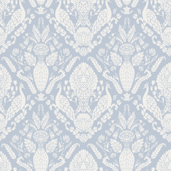 Peacock Damask Wallpaper in Blue X Quirky Paisley Design