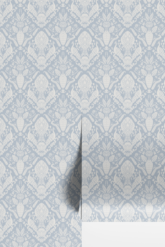 Peacock Damask Wallpaper in Blue