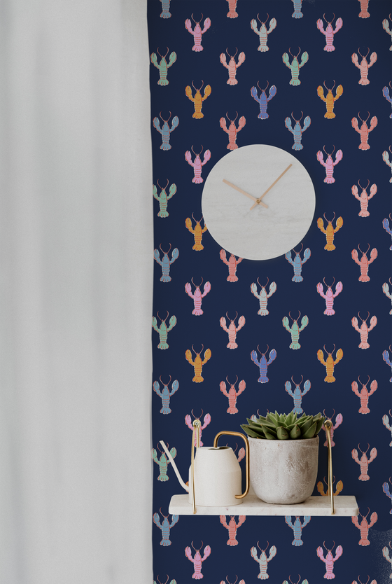 Lobster Fête Navy Wallpaper X Kate Clay