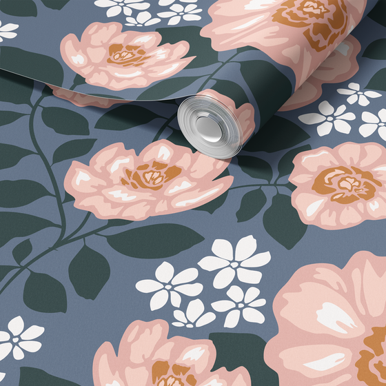 Blooming Peonies in Navy