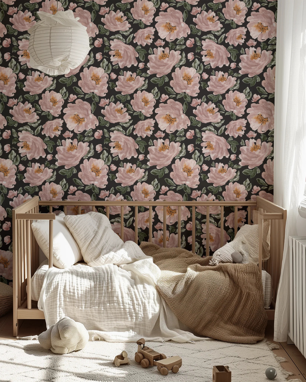 Nursery with Blushing Peonies Black wallpaper by Sabina Maria, highlighting soft pink and apricot blooms on a dark backdrop for a cozy, romantic feel | Peel and stick Wallpaper by Funky Paper Co