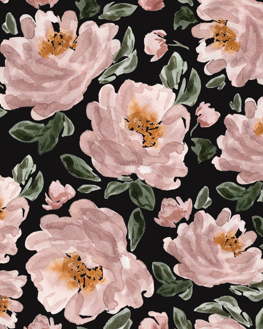 Close-up of Blushing Peonies Black wallpaper by Sabina Maria featuring large pink and apricot peonies painted against a rich black background | Peel and stick Wallpaper by Funky Paper Co