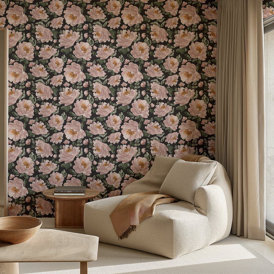 Blushing Peonies Wallpaper in Black by Sabina Maria