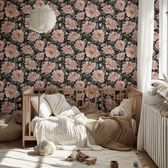 Blushing Peonies Wallpaper in Black by Sabina Maria