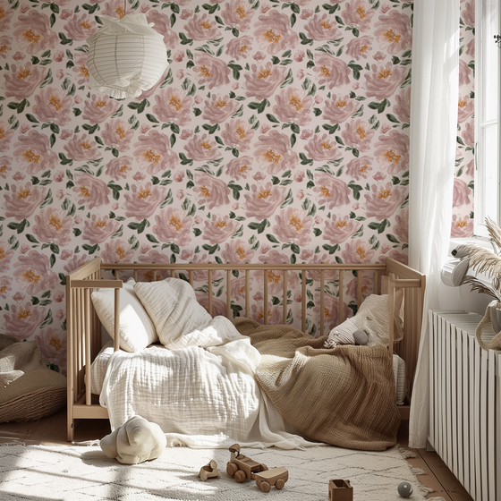 Blushing Peonies Wallpaper in Pink by Sabina Maria