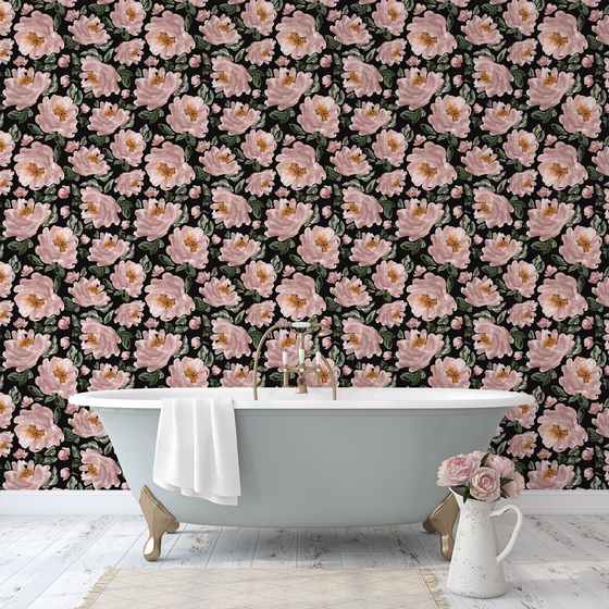 Blushing Peonies Wallpaper in Black by Sabina Maria