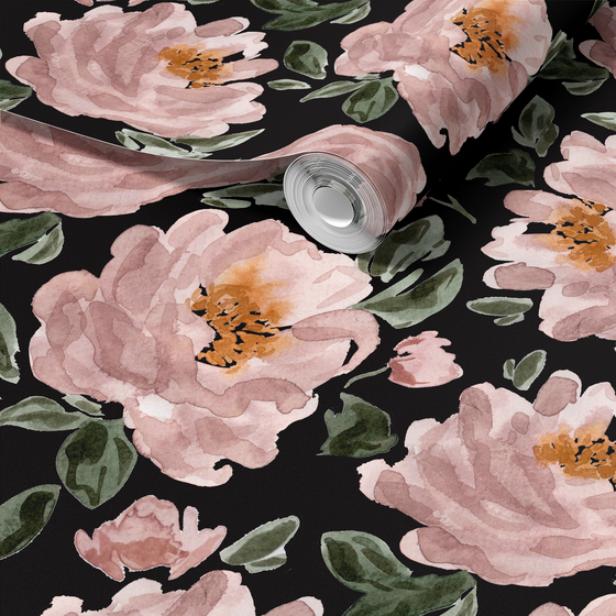 Blushing Peonies Wallpaper in Black by Sabina Maria