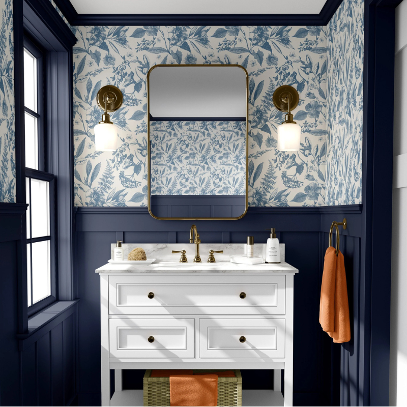 Cali II blue and white toile print on linen wallpaper by Funky Paper Co. Wipeable woven-backing linen wallpaper for bathrooms