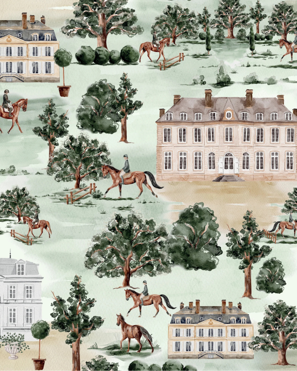 Chateau Stroll preppy wallpaper with watercolor equestrian scenes of horses and estates in soft and hunter green tones, styled in a room interior | Funky Paper Co
