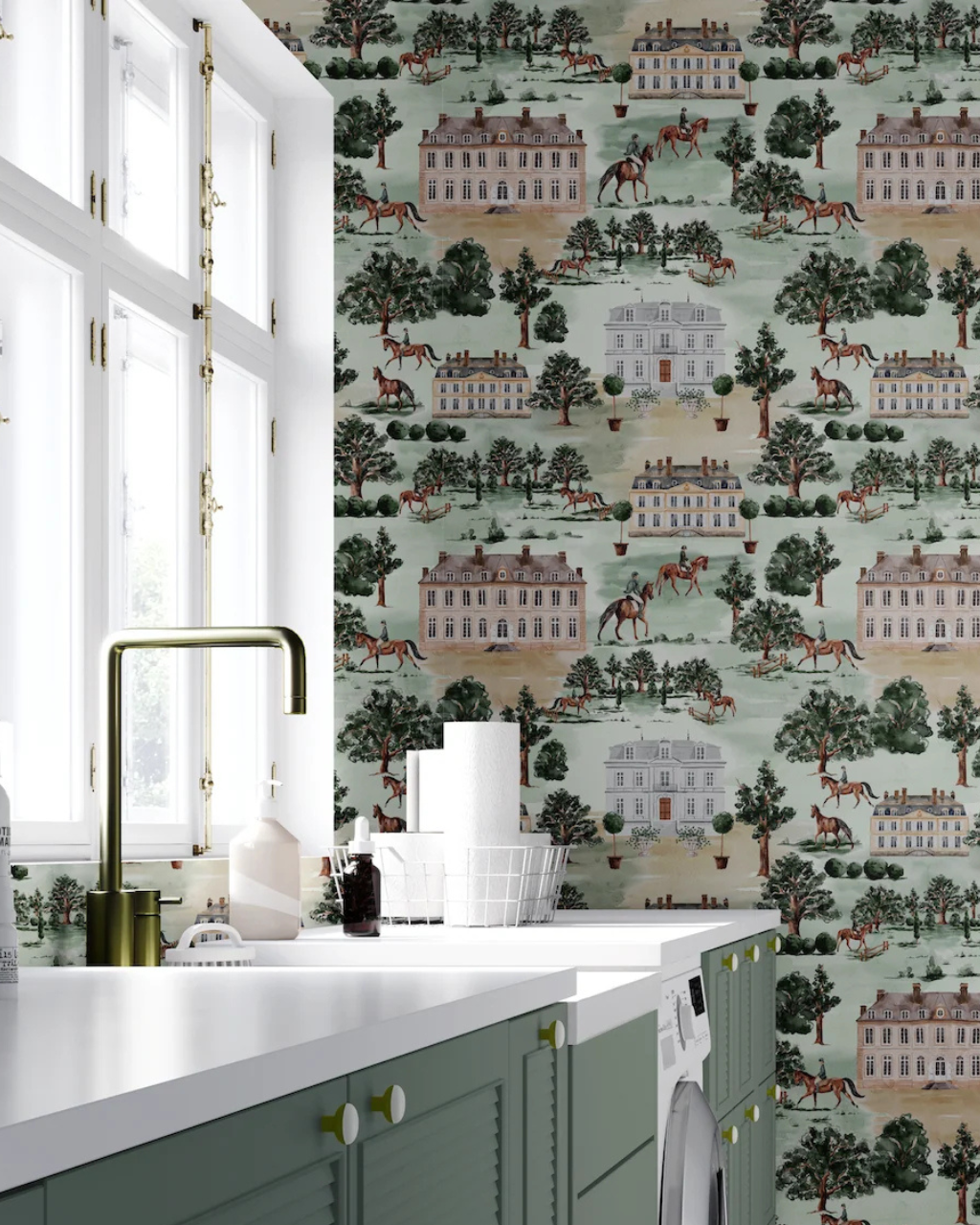 Chateau Stroll preppy wallpaper with watercolor equestrian scenes of horses and estates in soft and hunter green tones, styled in a room interior | Funky Paper Co