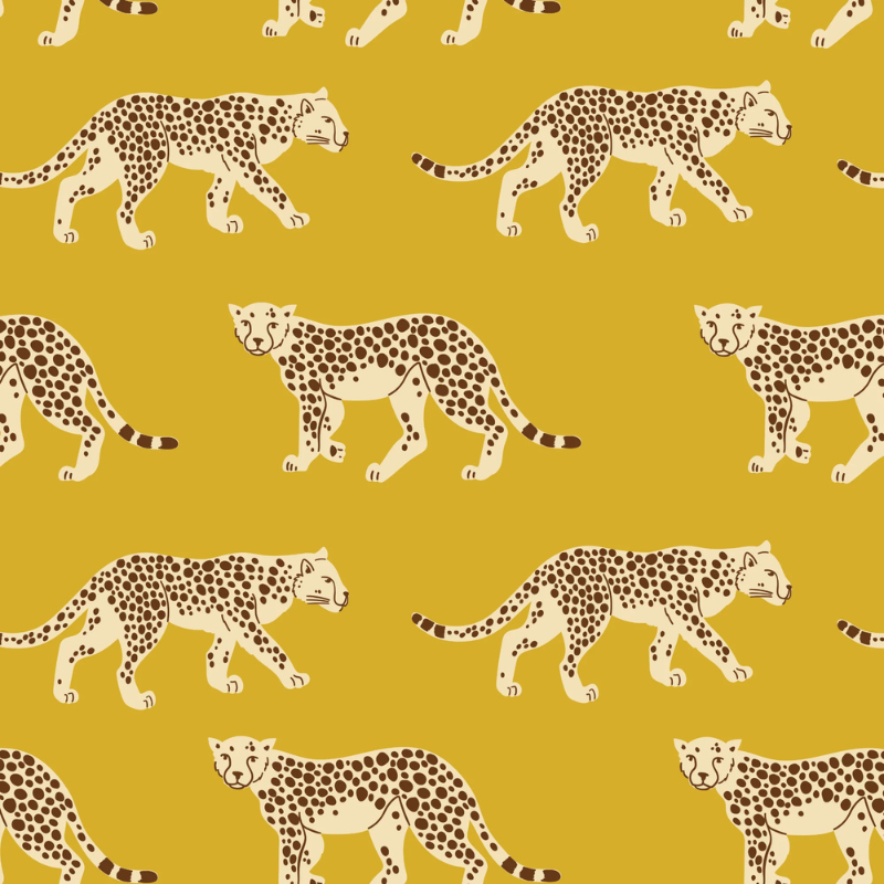 Cheetahs Gold peel and stick nursery wallpaper by Funky Paper Co in warm gold tones by Maria Galybina
