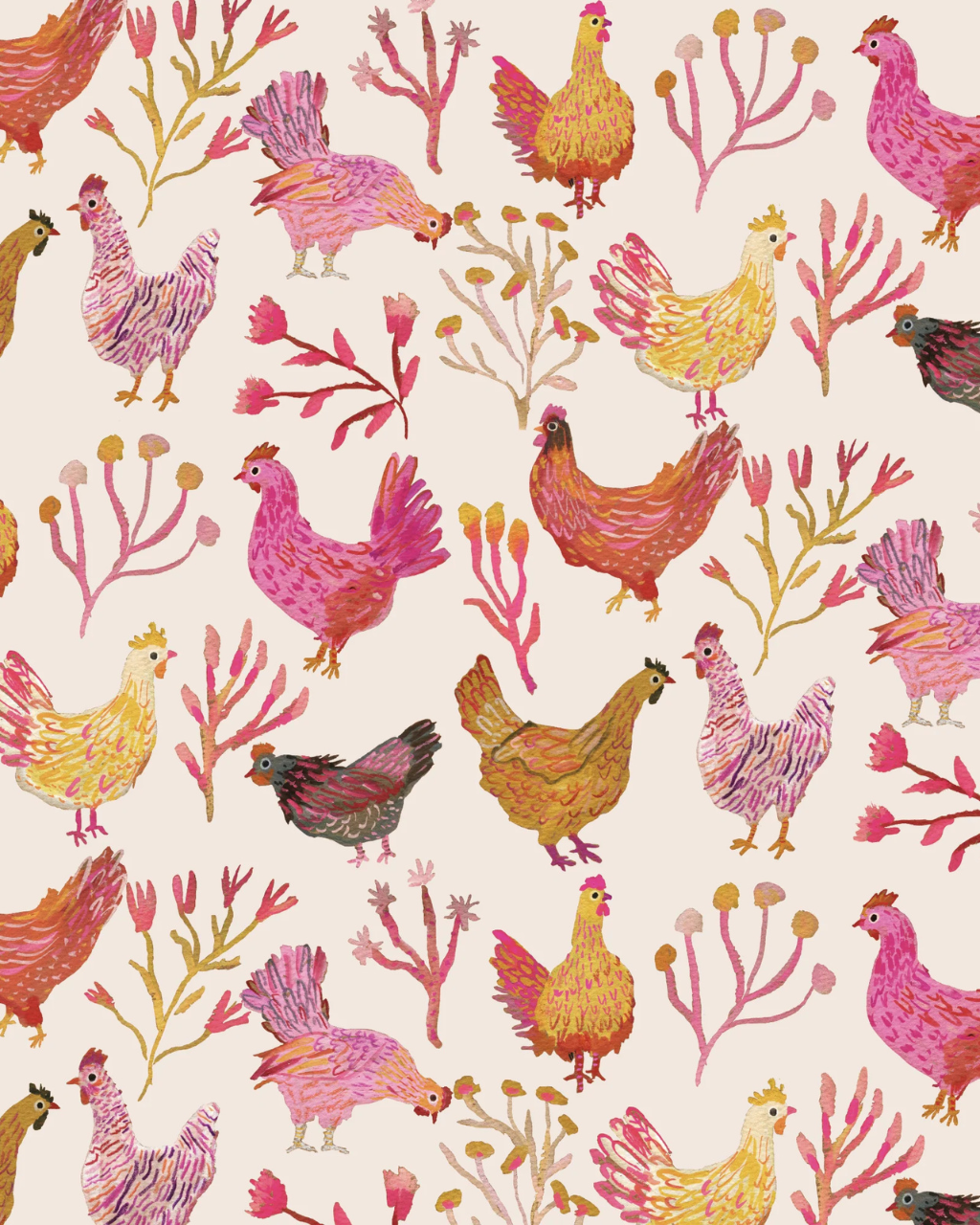 Chickens wallpaper with watercolor hens in warm tones displayed in a bright farmhouse-inspired living space | Kitchen Wallpaper Ideas by Funky Paper Co