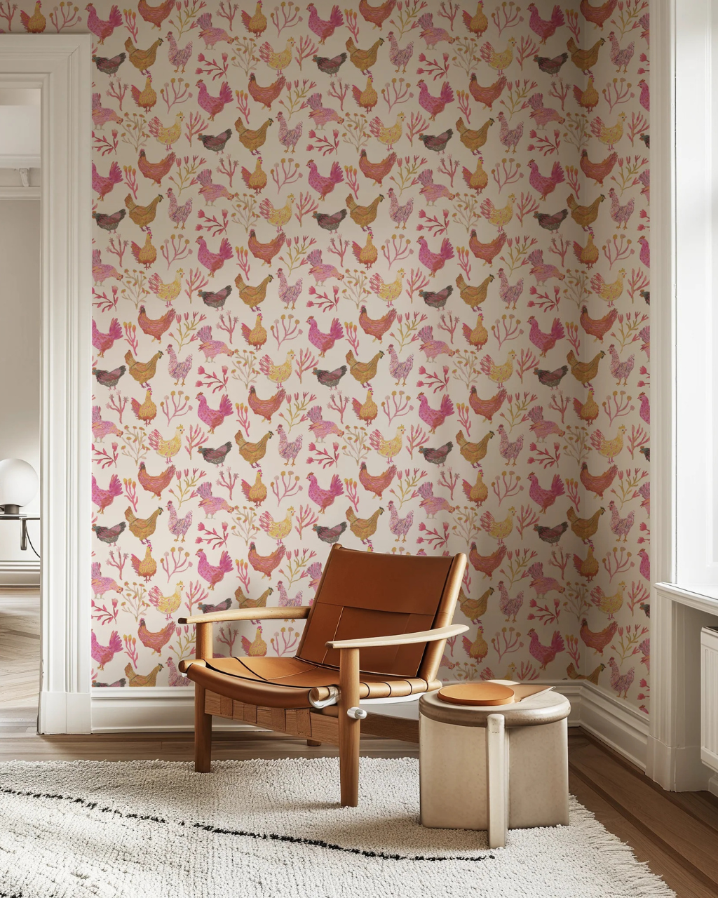 Chickens wallpaper with watercolor hens in warm tones displayed in a bright farmhouse-inspired living space | Kitchen Wallpaper Ideas by Funky Paper Co