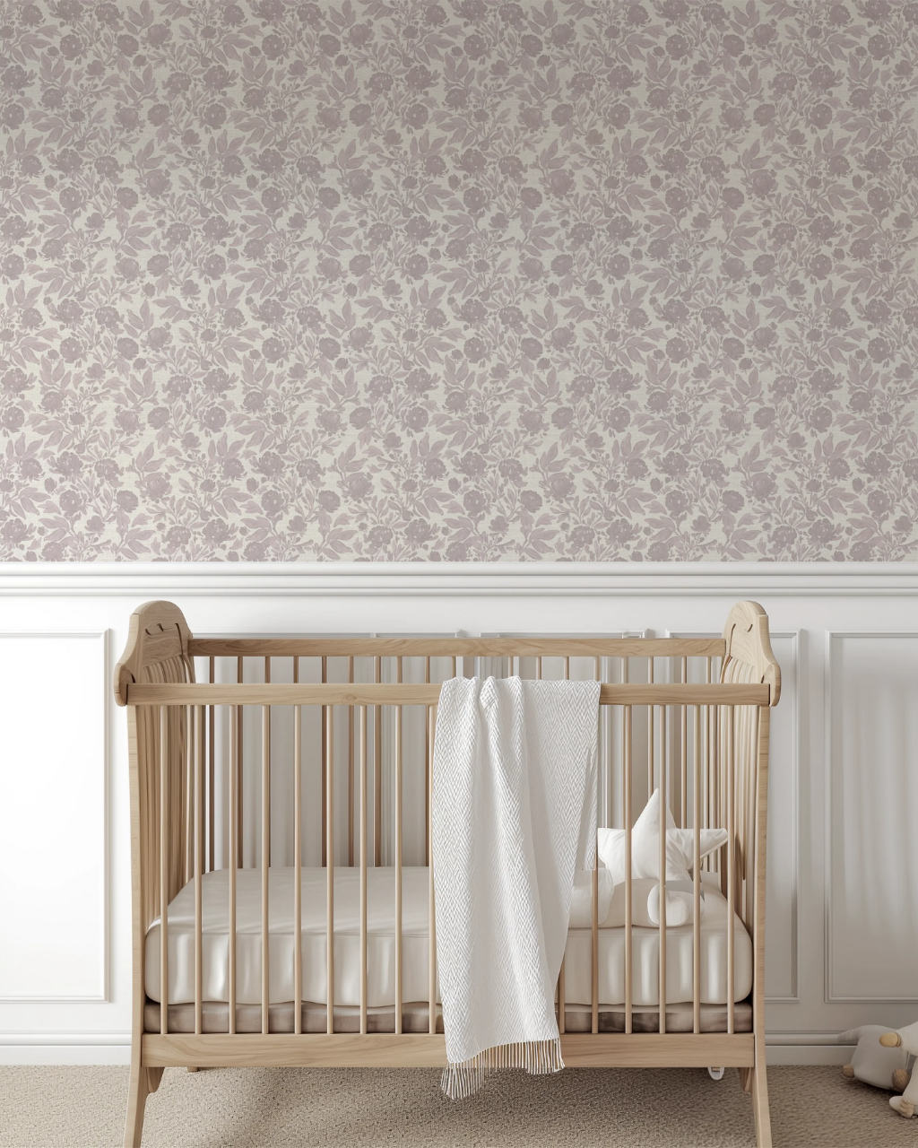 Taupe pink neutral wallpaper with handpainted climbing roses in a cozy nursery with soft, soothing decor | Neutral Wallpaper Ideas for Every Room in Your Home by Funky Paper Co