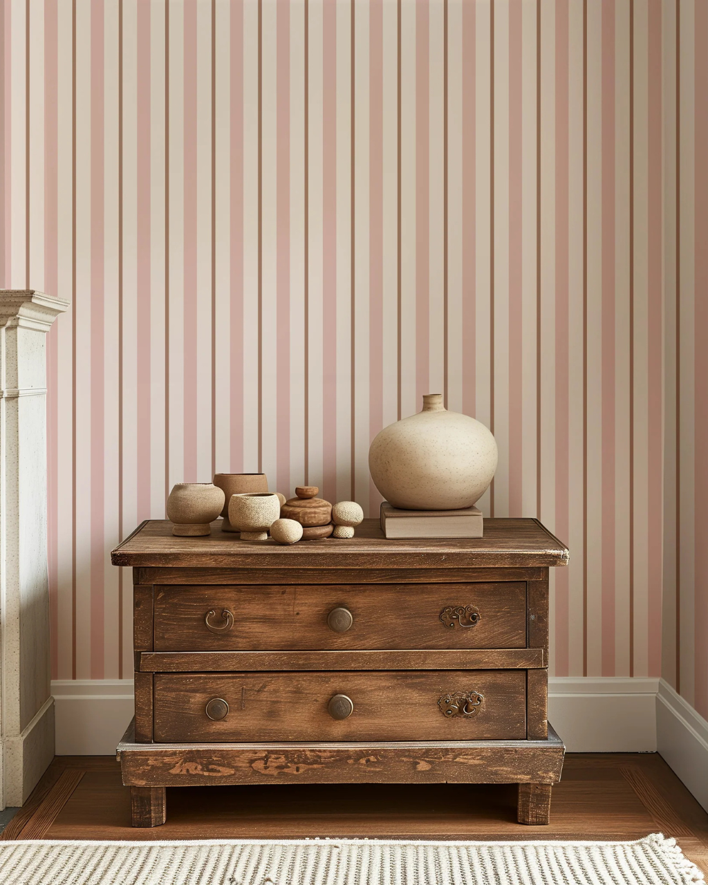 Cottage Chic Stripe preppy wallpaper with vertical pink, brown and cream stripes styled in a bright, classic room interior | Funky Paper Co