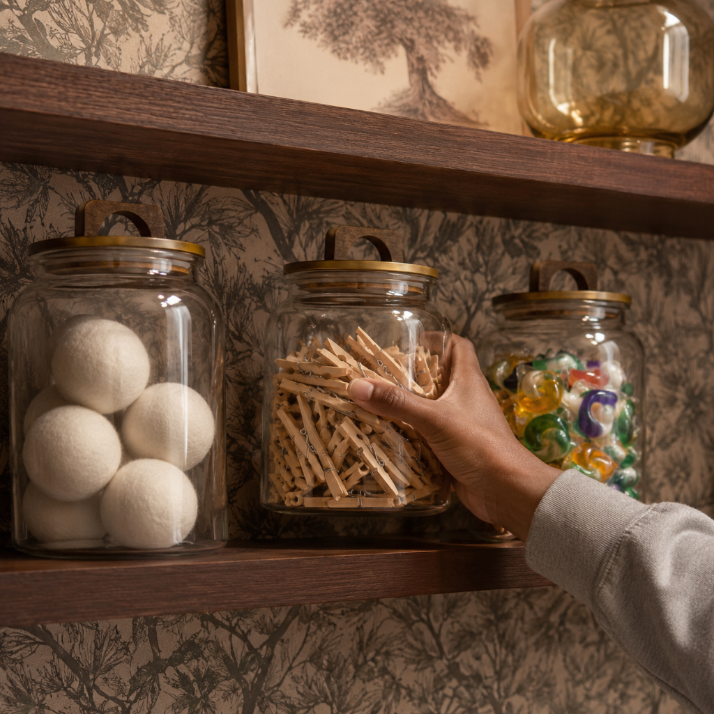 Glass canisters holding dryer balls, clothing clips, and detergent pods. The canisters are sitting on a shelf with a Funky Paper Co wallpaper background